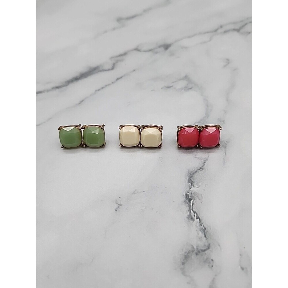 Faceted Button Pierced Earrings set of 3 Green White Pink Costume Jewelry